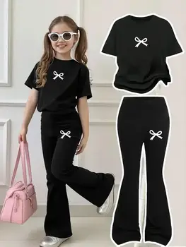 Abbigliamento per Bambine, Set 2026 Nuovo Stile per Ragazze 4-12 Anni, Top a Maniche Corte e Pantaloni a Zampa, Completo Due Pezzi, Stampa Semplice con Fiocco, Versatile per Casa e Uscite