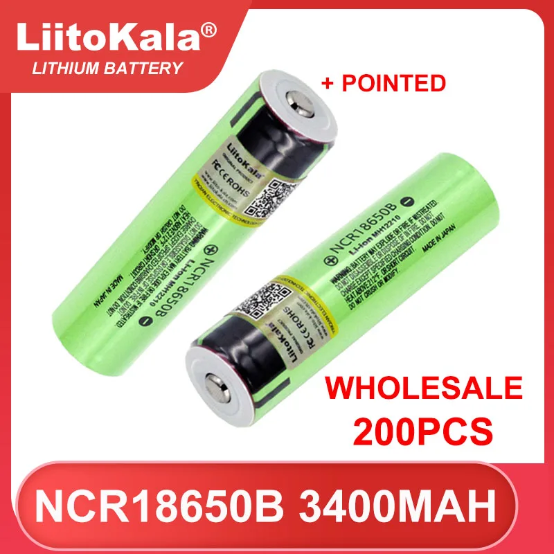 

200pcs Liitokala NCR18650B 3.7v 3400mAh 18650 Lithium Rechargeable Battery with Pointed (No PCB) batteries US/EU TAX FREE