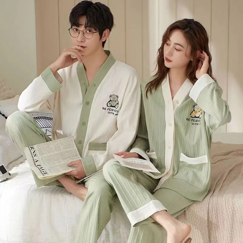 Couple Pajamas Women Men Spring Fall Loungewear Long Sleeve Pants Cotton Sleepwear Set Korean Loose Youth Homewear Outfit Pijama