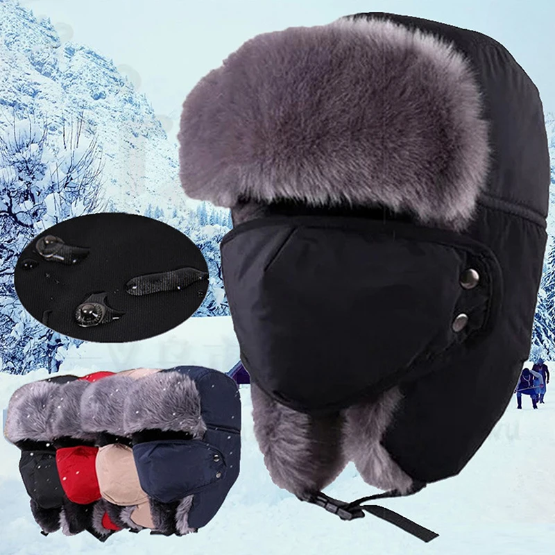 

New Plus Velet Warm Thicken Faux Fur Bomber Hat Men Women Ear Flap Cap Ski Thermal Bonnets Hats Caps Winter Extreme Cold Weather