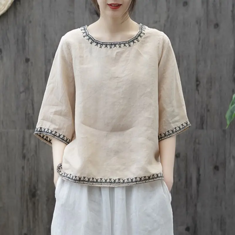 Fashion O-Neck Loose All-match Embroidery Short Sleeve Blouse Women's Clothing 2023 Summer New Casual Pullovers Korean Shirt