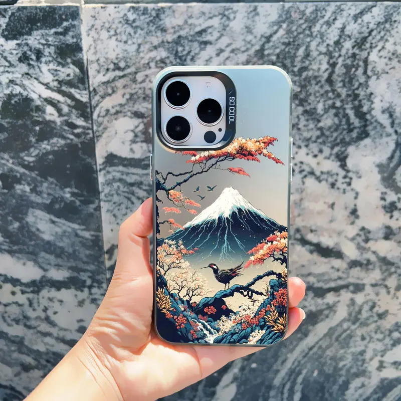 Japanese Aesthetic Mount Fuji Landscape Shockproof Phone Case with Laser Design