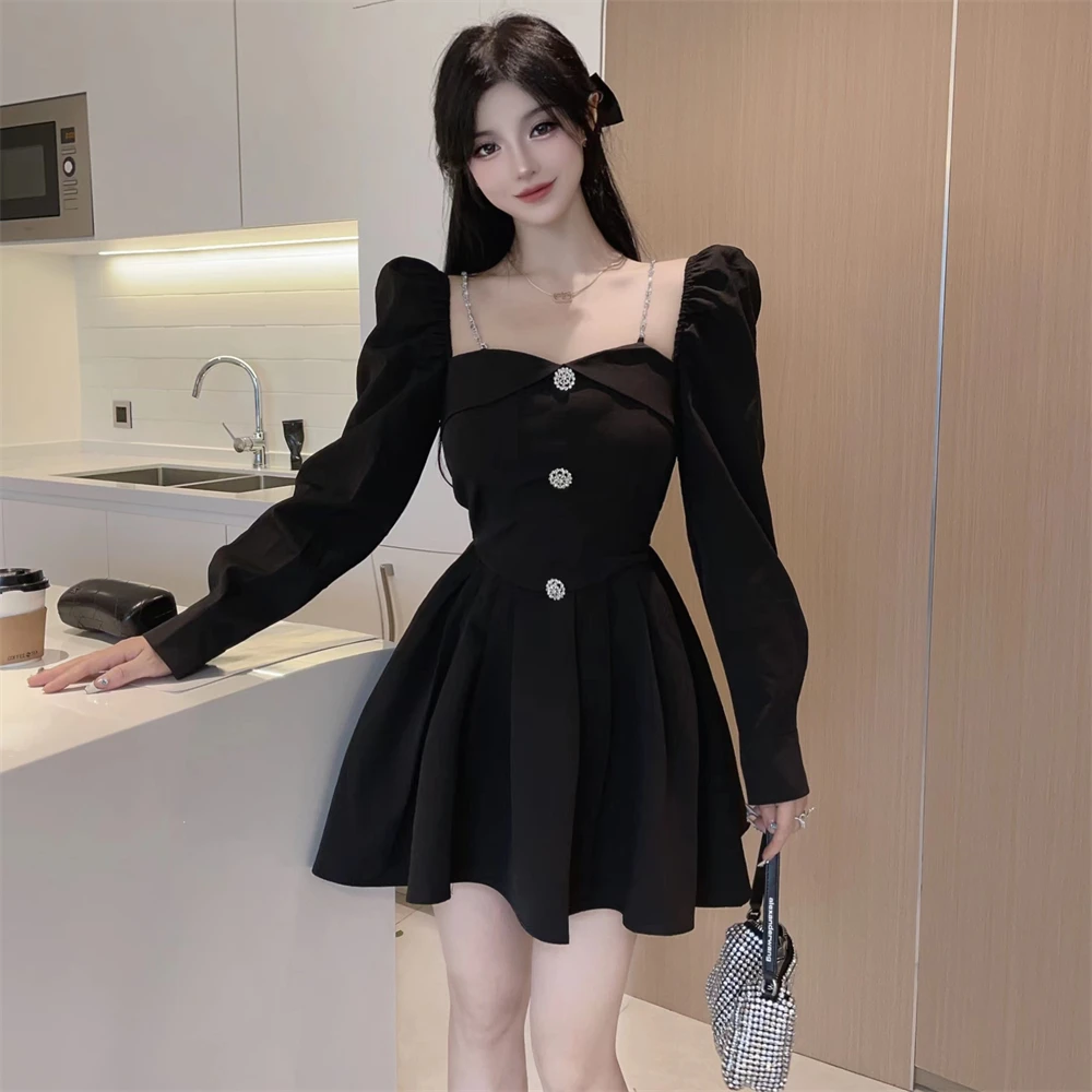 Korean Style Solid Mini Dress Women Long Sleeve Square Collar Spring Fashion High Waist Female Birthday Party Vestidos Mujer