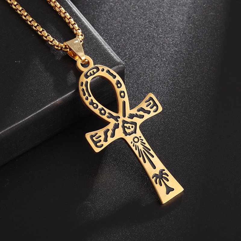Ciondolo Croce Ankh Egiziano Vintage Mistico Per Uomo Colore Oro Acciaio Inossidabile Gioielli Totem Hieroglyphs Egiziani