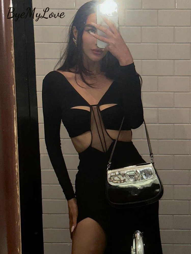 

ByeMyLove Sexy Cut Out Dress Women Maxi Length Party Dress Women Long Sleeve Autumn Backless Sexy Hollow Out Split Long Dresses