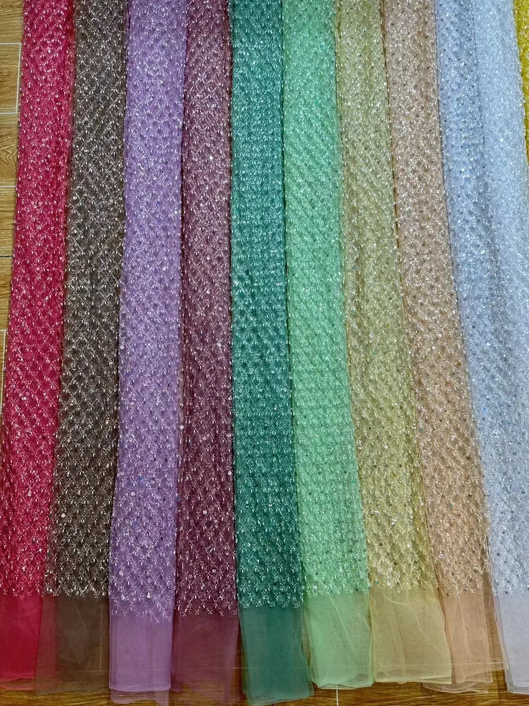 Description Picture 2 of itemElegant French sequin beaded mesh lace fabric 2024 African Nigerian mesh Sparkly wedding dress fabric