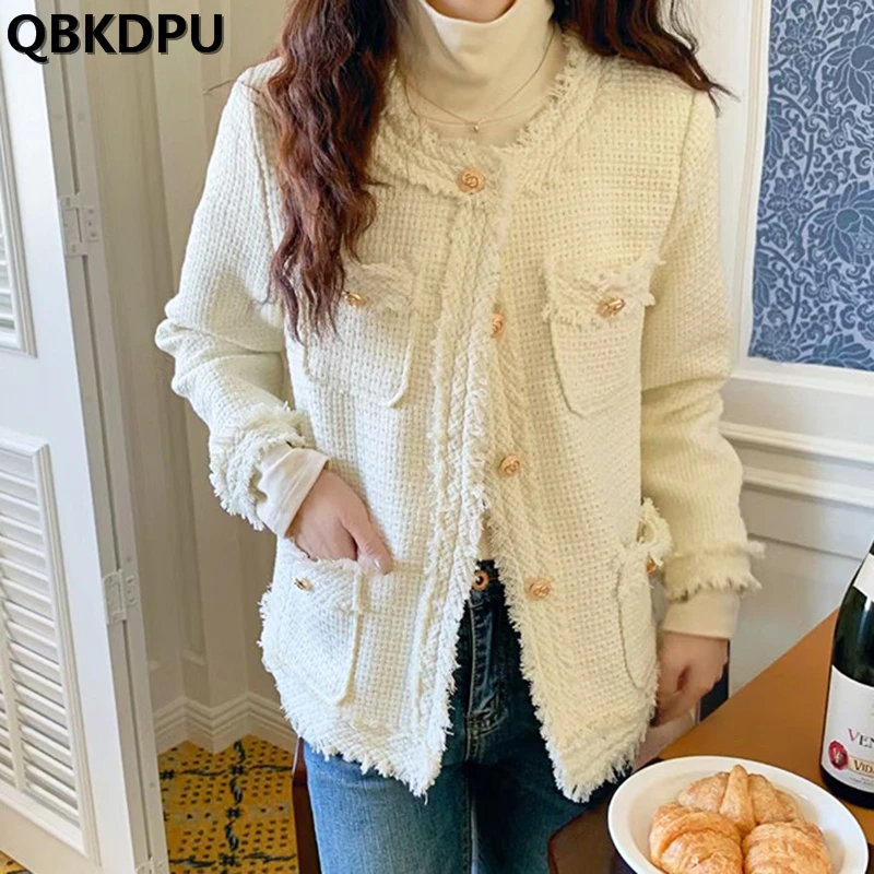 

Женская твидовая короткая куртка, элегантная Свободная куртка в Корейском стиле, повседневная винтажная Милая шикарная верхняя одежда, новинка весны-осени 2023