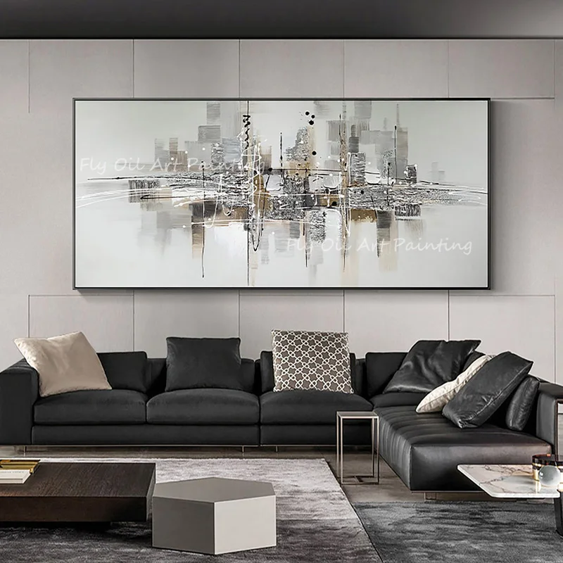 

Building City Grey Canvas 100% Hand Painted Big Size Modern Abstract Oil Painting Wall Art Canvas Pictures Living Room Art Decor