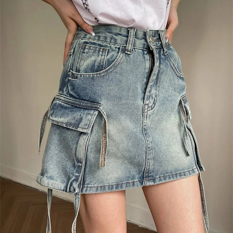 Retro high waisted workwear with large pockets tied up, denim skirt for women, new trend for summer 2024