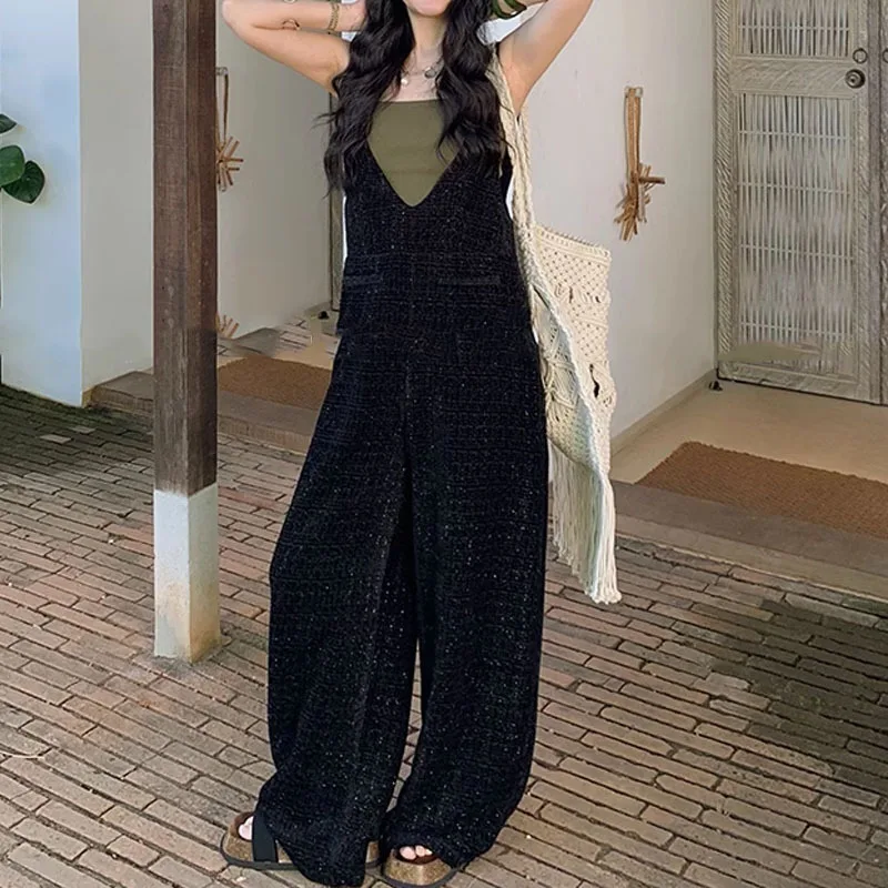 2024 spring new jumpsuit black small fragrant wind all-in-one overalls retro wide-leg mop pants top set