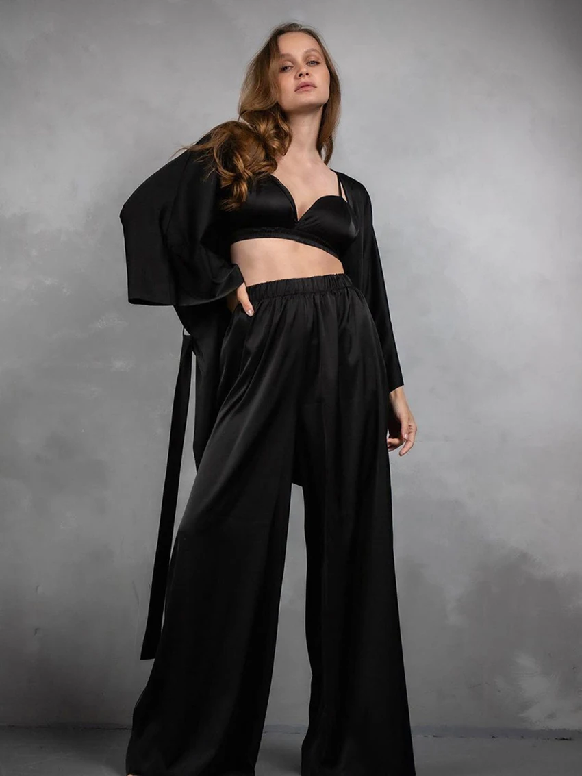 Marthaqiqi Long Sleeve Women Nightwear 3 Piece Set Sexy Lingerie Long Sleeve Pajamas V-Neck Lace Up Sleepwear Pants Nightie Suit