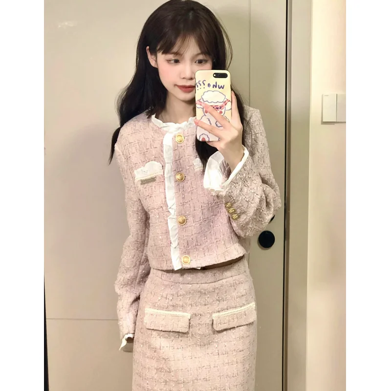 

UNXX Pink Chic Style Suit for Women, 2023 Autumn and Winter New Style Lady Style Lace Splicing Short Jacket High Waist Skirt
