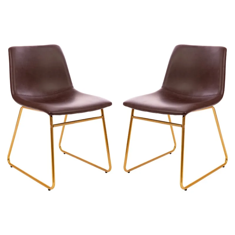 18 inch Dining Table Height Chair, Mid-Back Sled Base Dining Chair in Dark Brown LeatherSoft with Gold Frame, Set of 2 2