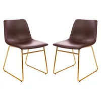 18 inch Dining Table Height Chair, Mid-Back Sled Base Dining Chair in Dark Brown LeatherSoft with Gold Frame, Set of 2 2