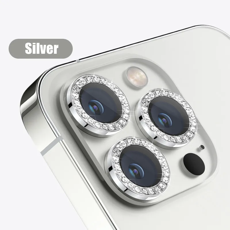 Sparkling Diamond Rhinestone Metal Ring Camera Lens Protector with Tempered Glass - Full Cover