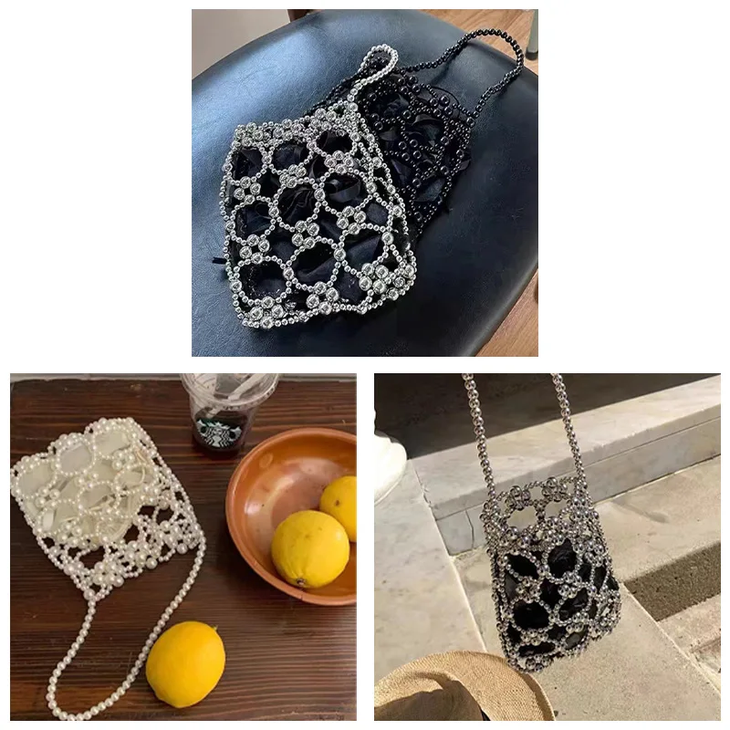 Hollow Pearl Handbag, Mesh Hand-Beaded Tote Bag, Cell Phone Purse womens bag  purses and handbags