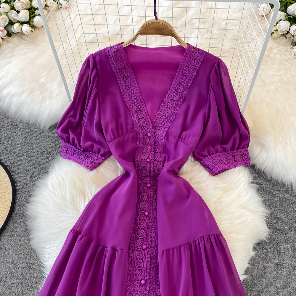 New Women Vintage Party Dress Summer Puff Sleeve Sexy V Neck Lace Single-breasted Long Dresses Ladies A Line Elegant Long Robe
