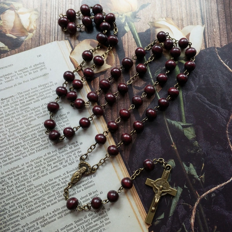Rufous Colored Wooden Beads Rosary Necklaces with Jesus for Cross catholic rosary necklace wood cross
