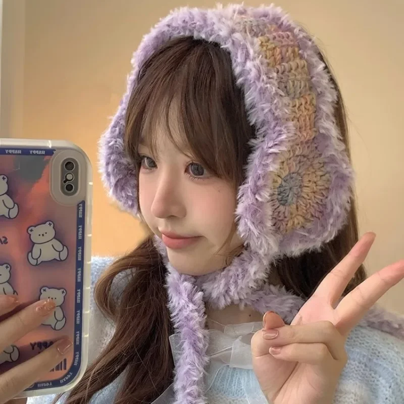 

Y2K Gradual Change Color Knitted Earmuffs for Women Autumn and Winter Korean Retro Plush Warm Versatile Cute Strap Beanies