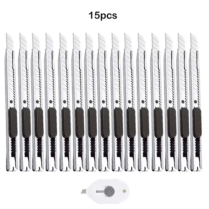 15pcs Stainless Steel Retractable Utility Knife 9mm Snap Off Blades