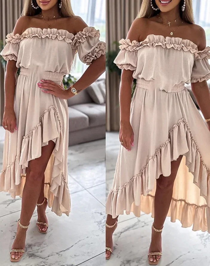Women's Elegant Ruffle Frill Hem Asymmetrical New 2024 Maxi Party Bodycon Casual Dress
