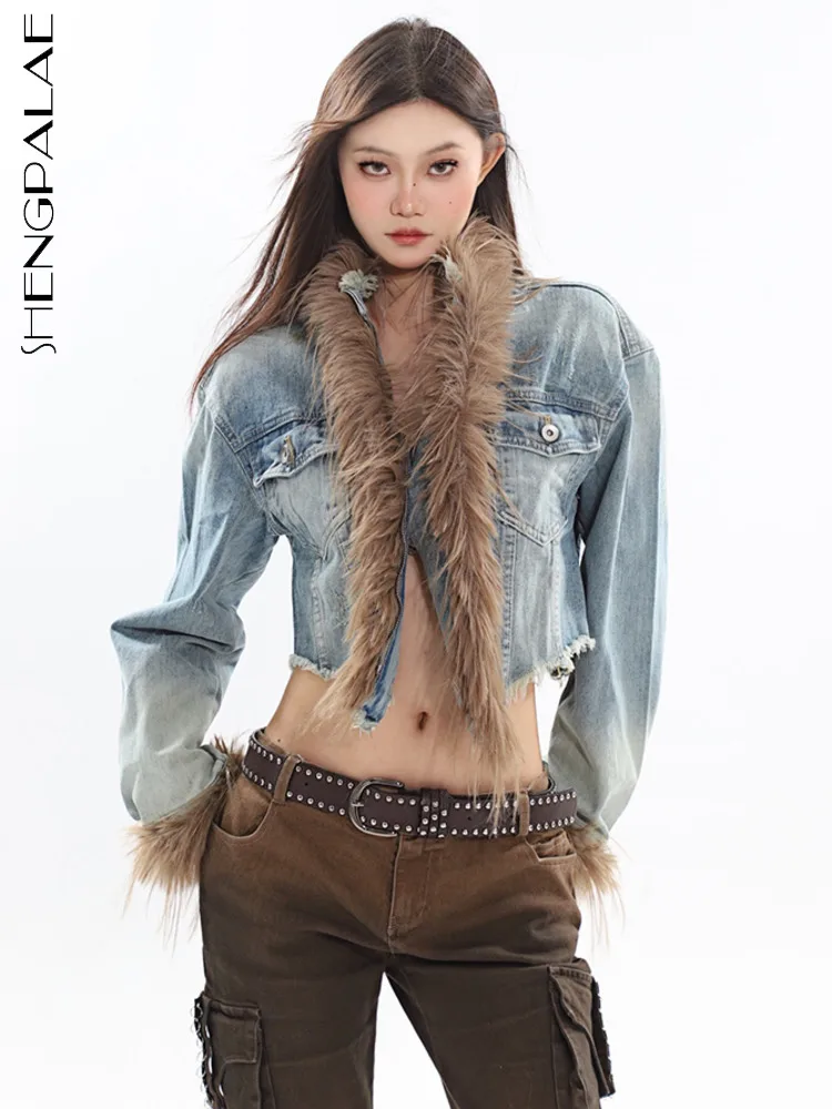 

SHENGPALAE Autumn 2023 New Denim Coat For Women Plush Patchwork American Vintage Full Sleeve Burrs Short Jacket Female 5R7169