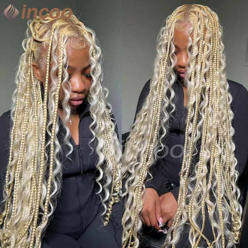 

32" Bohemian Box Braided Wigs Synthetic Full Lace Front Wigs Black Women Knotless Braids Wigs 613 Blonde Burgundy Lace Front Wig