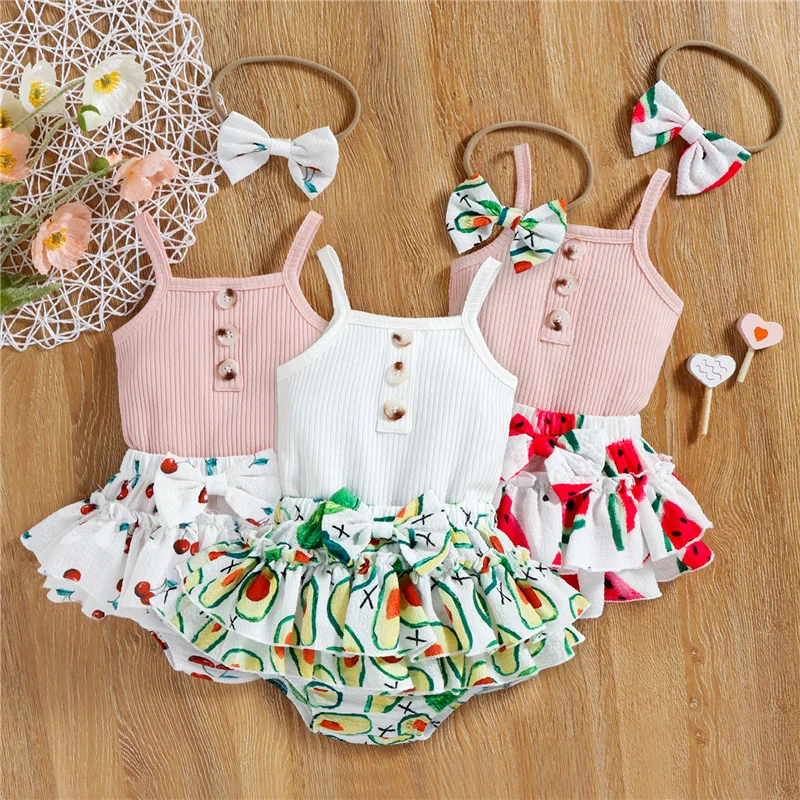 

Infant Baby Girls 3Pcs Outfits, Solid Color Sling Strap Romper, Fruit Print Skirt Hem Shorts and Headdress, 0-18 Months