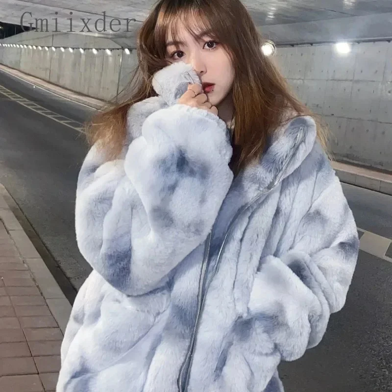 

2024 Tie Dyed Rabbit Hair Imitation Plush Mid Length Standing Collar Loose Casual Parkas Thick Lamb Wool Jacket Women's Winter