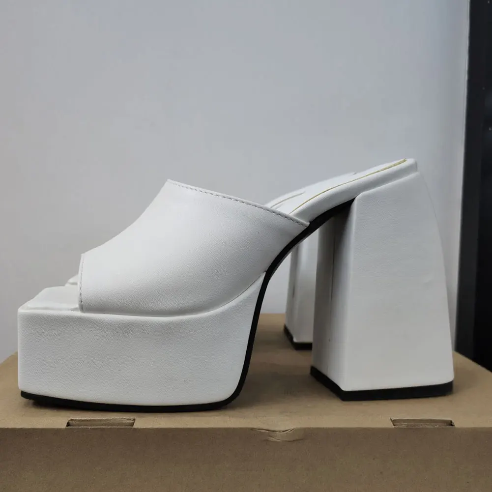 GIGIFOX Brand New Big Size 43 Summer White Chunky Heeled Mules High Heels Sexy Party Platform Heel Sandals Shoes For Women 2022