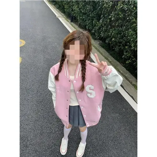 Description Picture 5 of itemVintagePreppy Style Fleece-Lined Pink Baseball Cap Women's Spring Autumn New Versatile Thickened Jacket Cardigan