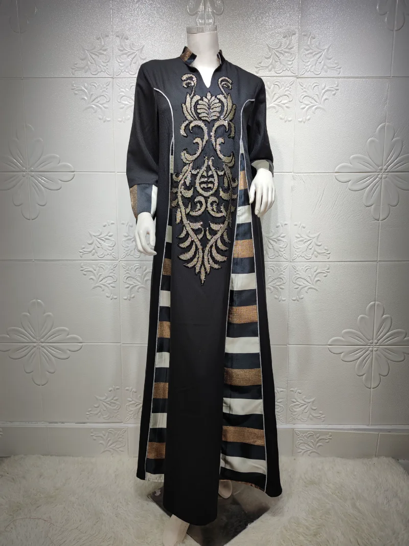 Islam Abaya Dress for Women, Beaded Embroidery Robe, Musulmane, Spliced Stripe Women's Dress for Middle East Arabia