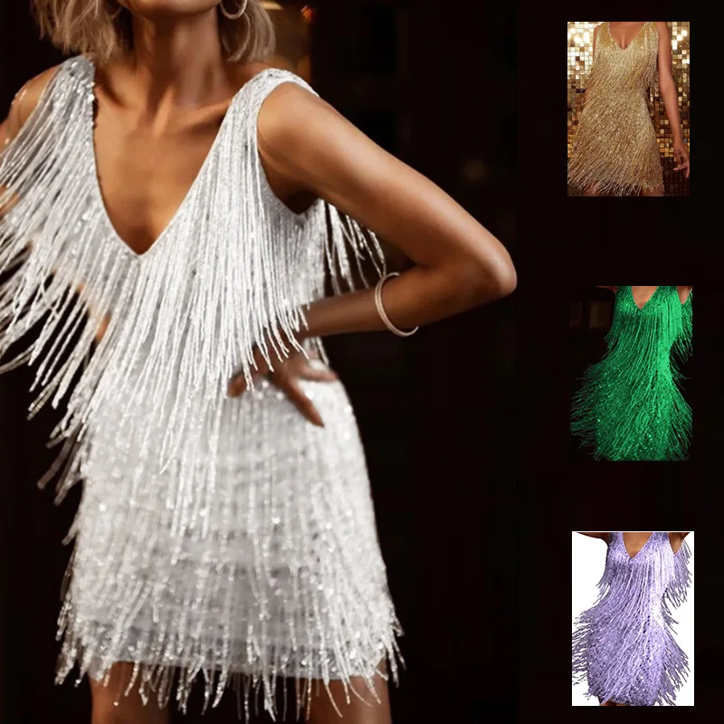 

Summer Fashion Catkins New Fringe Skirt Temperament Elegant Sexy Deep V Suspender Dress Female Dress