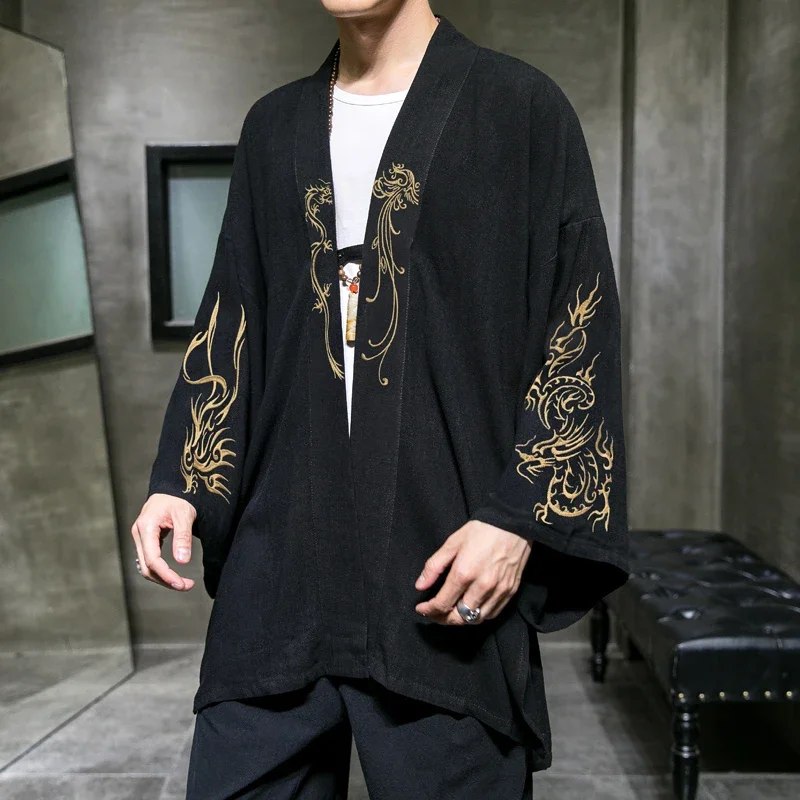 Embroidery Men's Trench Coat Cotton Hanfu Linen Chinese Style Robe Cardigan Jacket Casual Oversized Kimono 5XL Ancient Coat Male