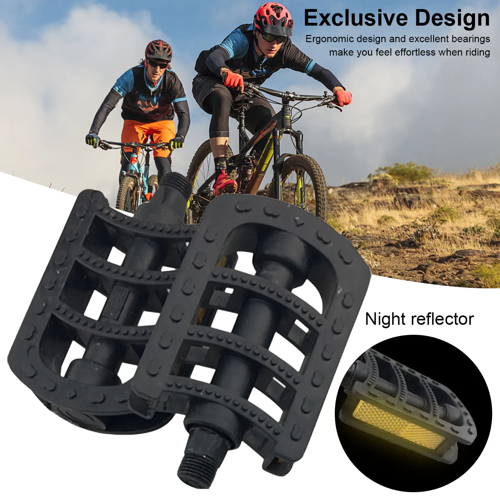 Bike Pedal Set Plastic Bicycle Pedals With Reflectors High Carbon Steel Spindle Mountain Bike