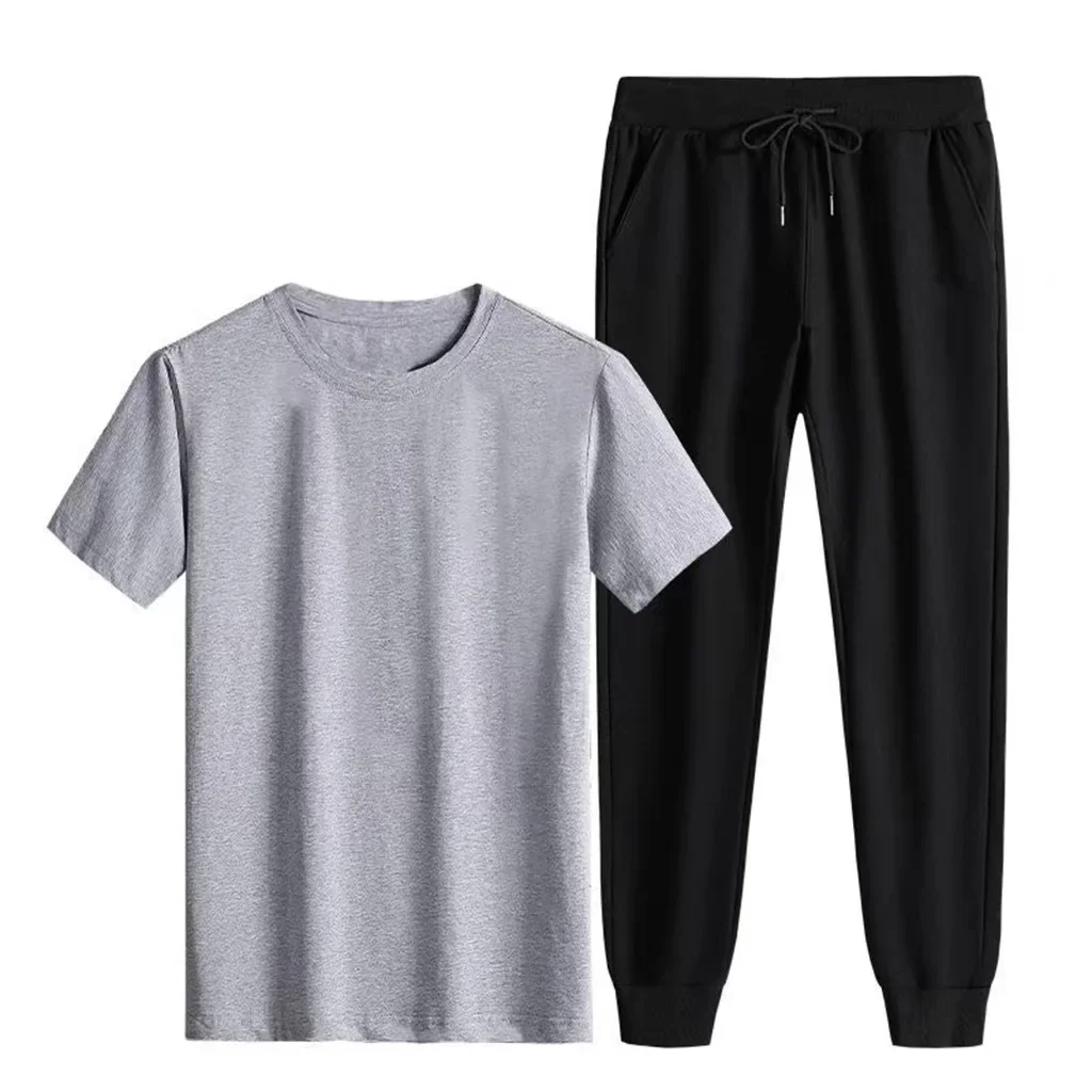 Summer Casual Fashionable Men's Set round Neck Short Sleeve Nine Points Pants Two Piece Set Street Style Versatile Loose Fit