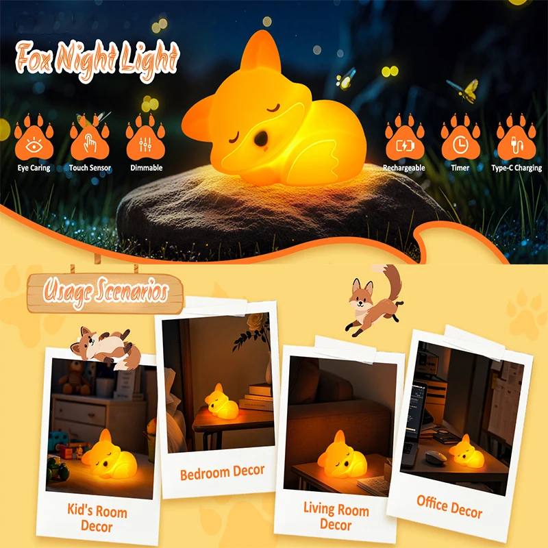 Fox Night Light, Cute Silicone Nightlight Gifts for Kids, Animal Lights with Touch Control, Timer and USB Rechargeable