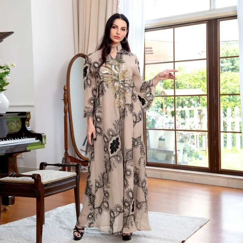 Ethnic Style Women Sequin Burnt Flower Evening Dress Big Swing Dress Vestidos Elegantes Para Mujer Muslim Dresses for Women