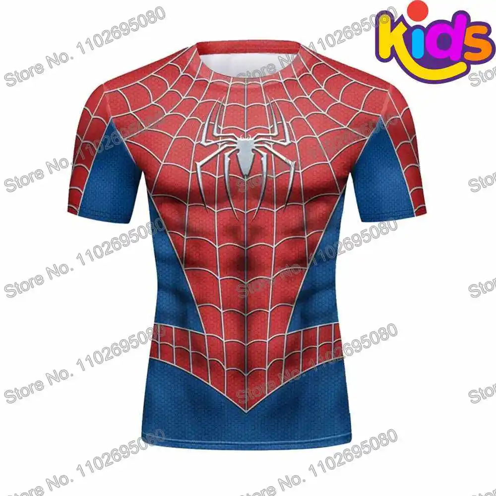Rash Guard Kids Spider Surf Clothing BJJ MMA Short Sleeve Diving T-Shirt For Summer Beach