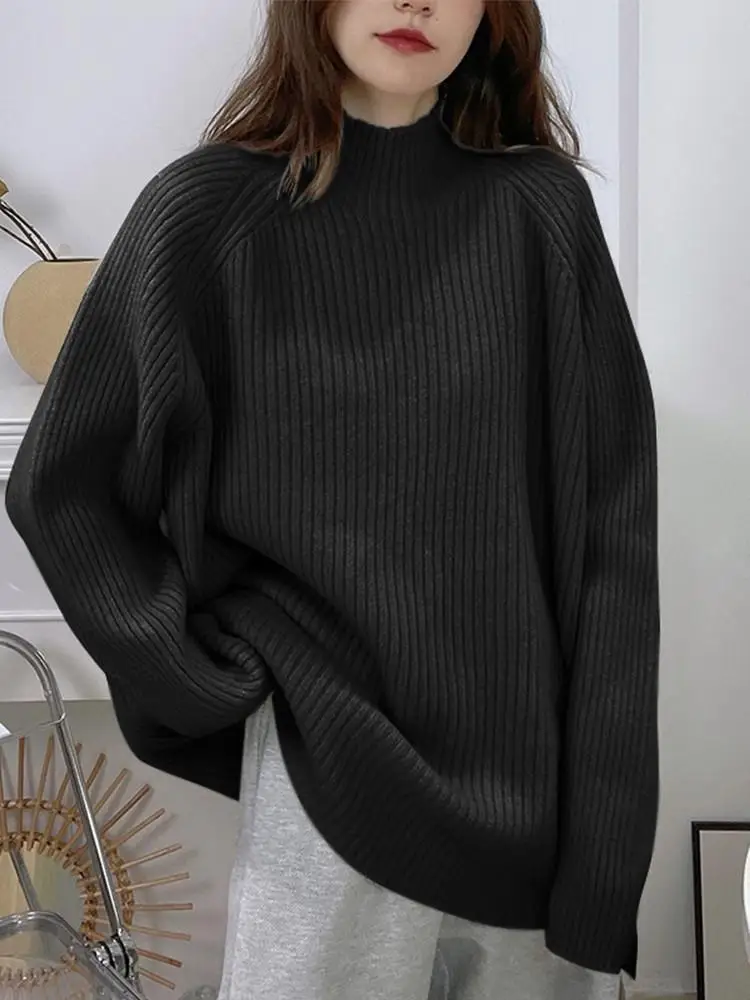 ZZ126 2024 Women's Autumn Winter New Semi-turtleneck Pullover Sweater Knitted Sweater Loose Lazy Wind Thickened Bottoming Top 4