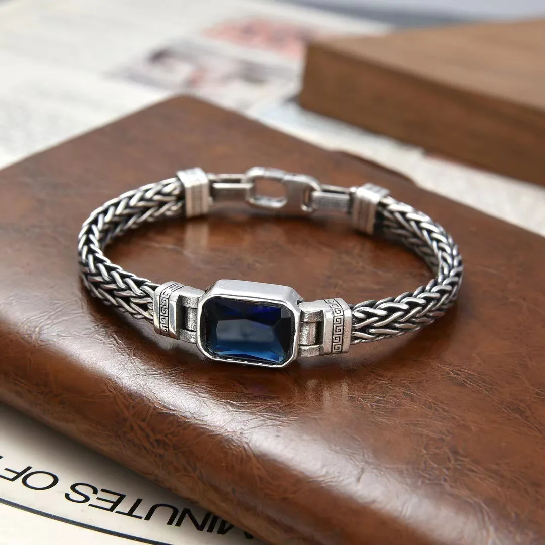 

New Vintage Fashion Square Original Woven Bracelet Men's Blue Crystal Open Bracelet Banquet Jewelry Accessories Gift