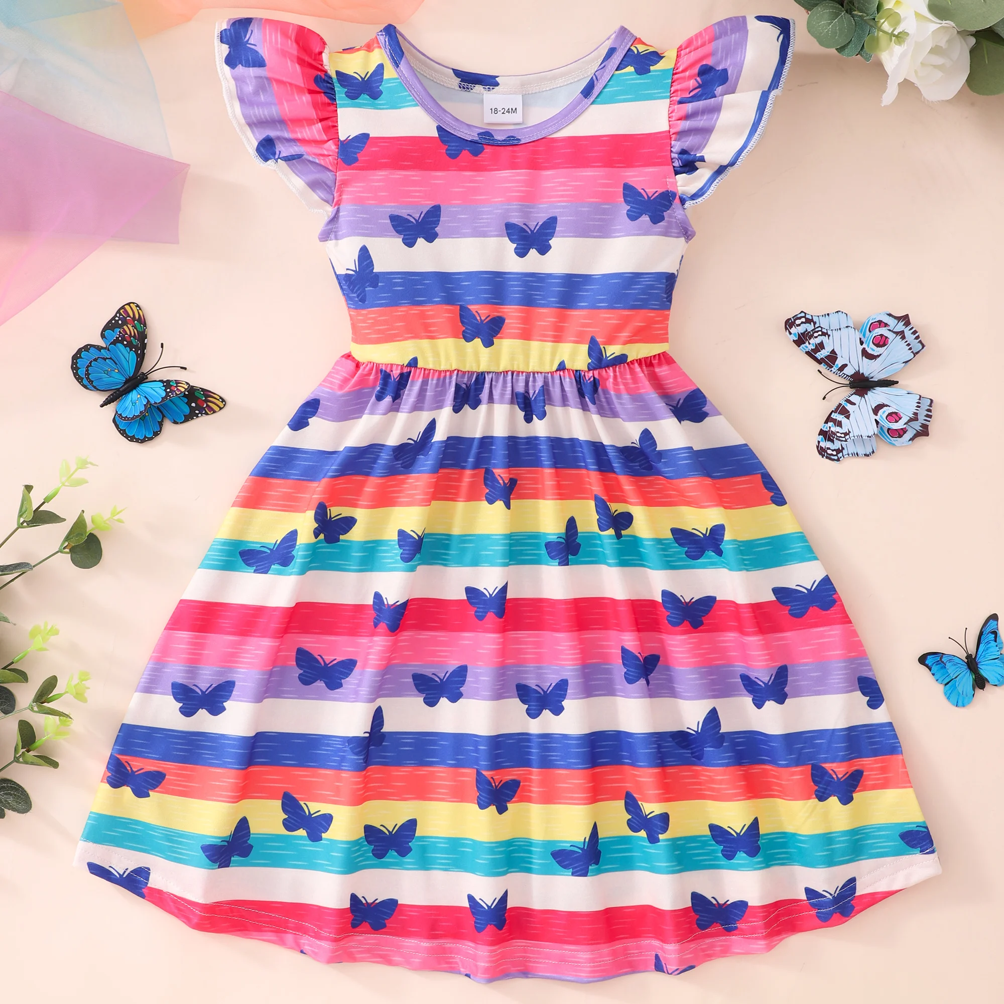 

Новое платье для девочек, платье с летящим рукавом, детская юбка-пачка с оборками, радужная детская одежда из хлопка для новорожденных