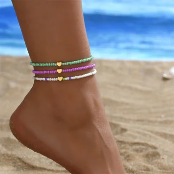Gold Color Love Heart Foot Chains Simple Fashion Rainbow Beads Anklets For Women Ankle Bracelet Beach Jewelry Summer Accessories