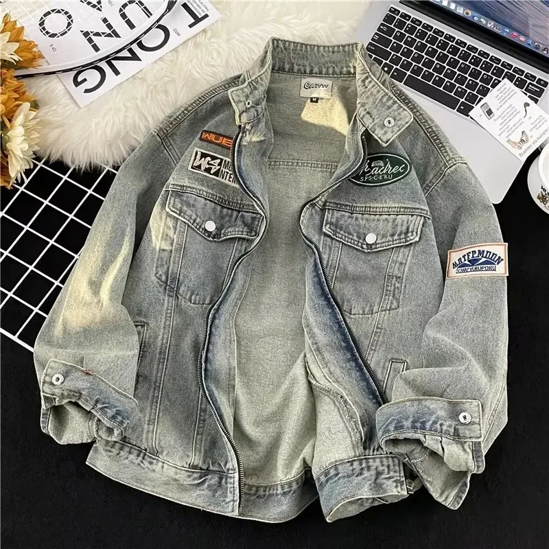 

American Men's vintage denim jacket Spring Autumn Heavy Industry Loose Letter Embroidery Unisex Casual ’s Jean Coat
