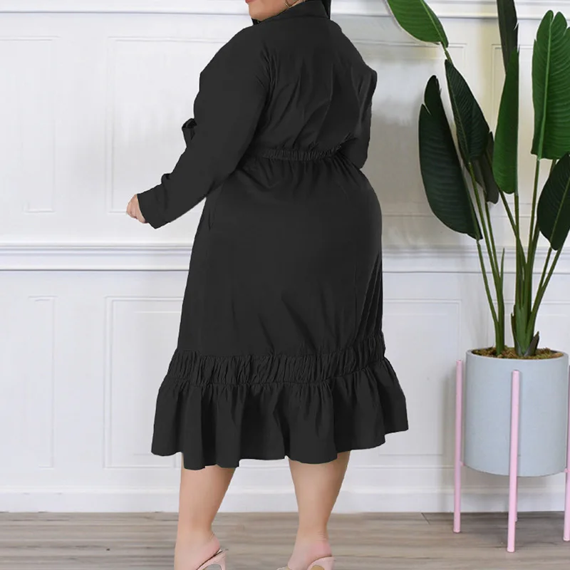 Bandage Solid Color Bow Long Sleeve Patchwork Ruffle Autumn V-Neck Crinkle Plus Size Clothes Loose Casual Midi Shirt Dress Lady