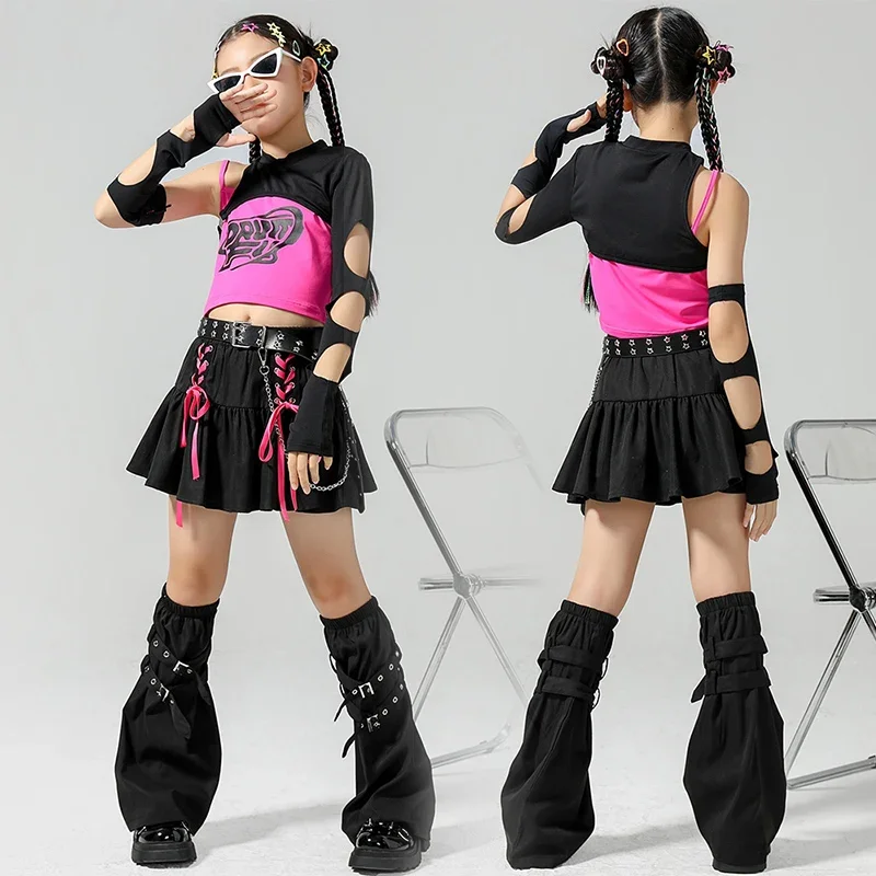 

Girls Hip Hop Dancewear Kpop Outfit Children Cheerleading Clothes Tops Skirt Leg Cover Jazz Modern Dance Costume