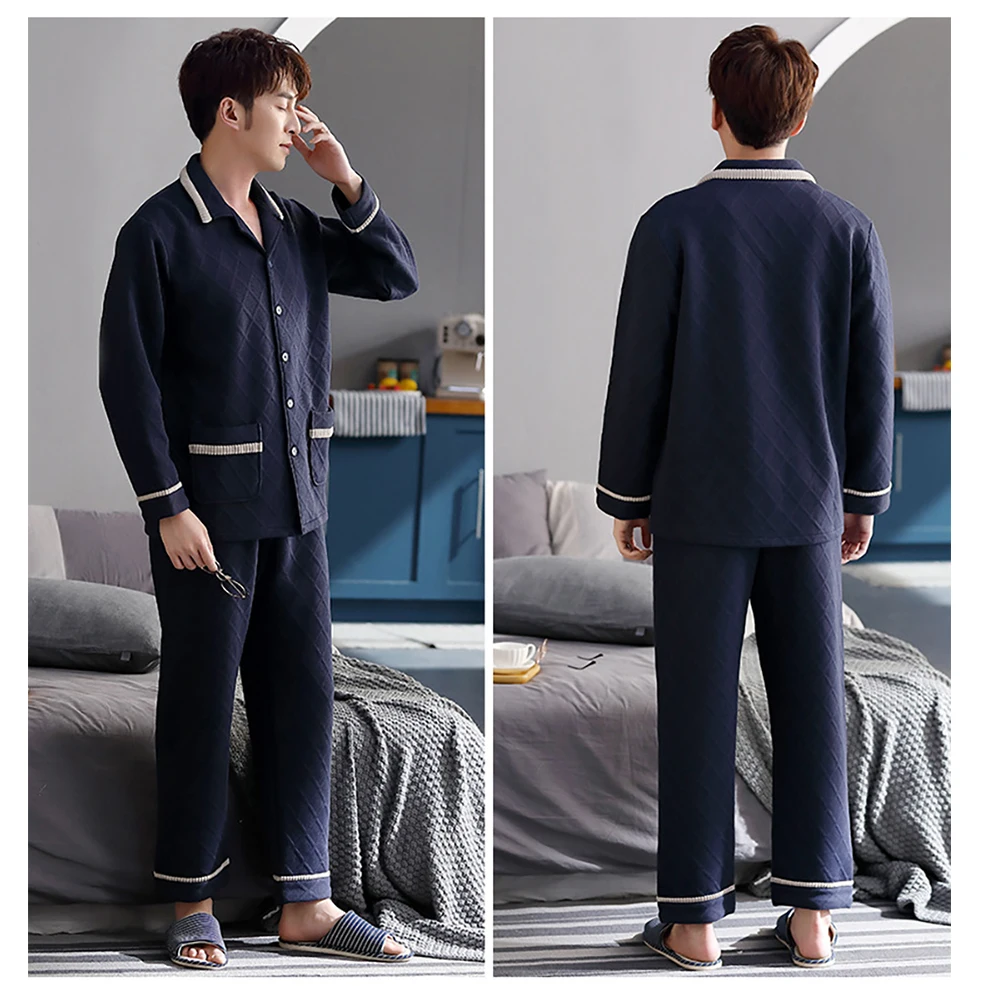 3-layer Thicken Air Cotton Warm Men's Winter Pajamas Sets Casual Solid Plaid Sleepwear Breathable Male pijama mujer pyjama homme
