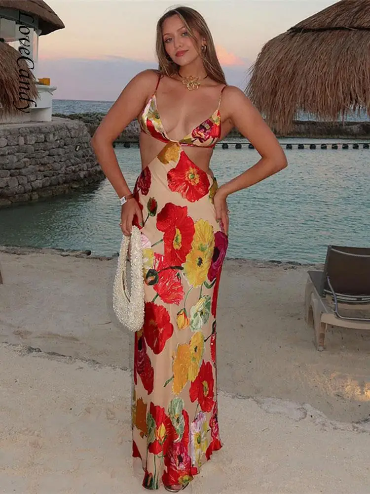 

Sexy V Neck Print Hollow Backless Women Summer Dress Spaghetti Strap Sleeveless Gown Dresses Fashion Club Long Vestidos 2023
