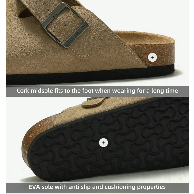 Closed Toe Slippers for Men and Women, Cow Suede microfiber Clogs, Retro Fashion, Beach Clog Slides, Cork Sole