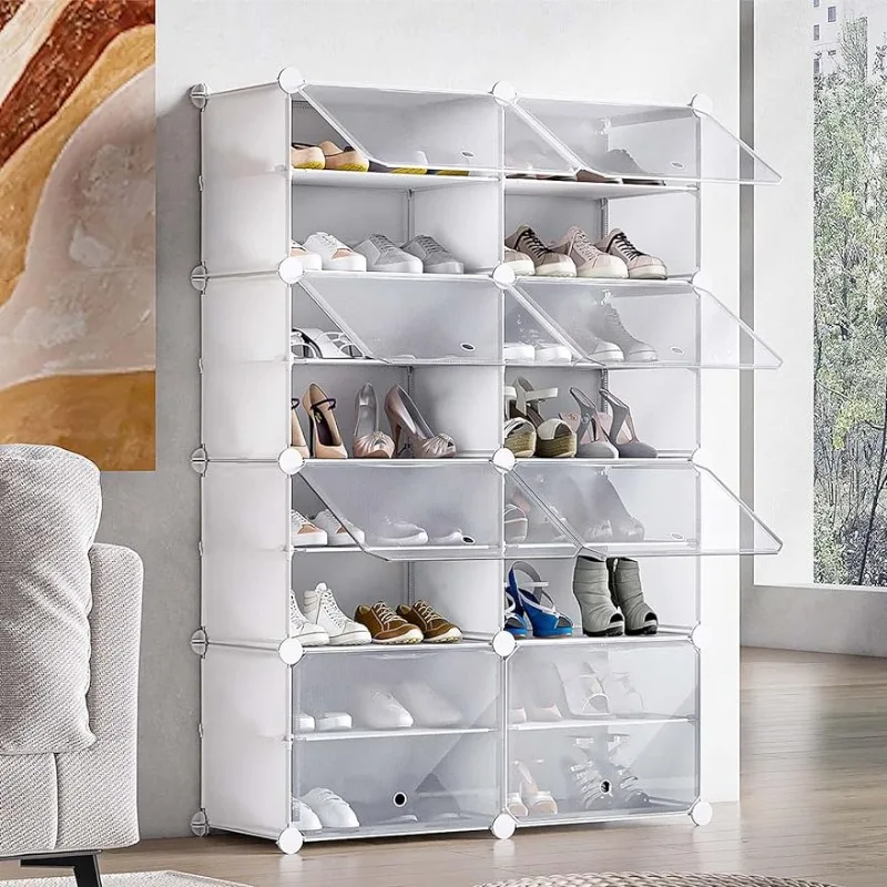 

8 Cube 16-Tier Shoe Storage Cabinet 32 Pairs Plastic Freestanding Shoe Organizer Shelves for Entryway Hallway Closet or Bedroom